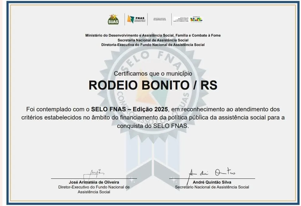 Rodeio Bonito conquista selo FNAS que representa excelência e transparência na gestão da Assistência Social
