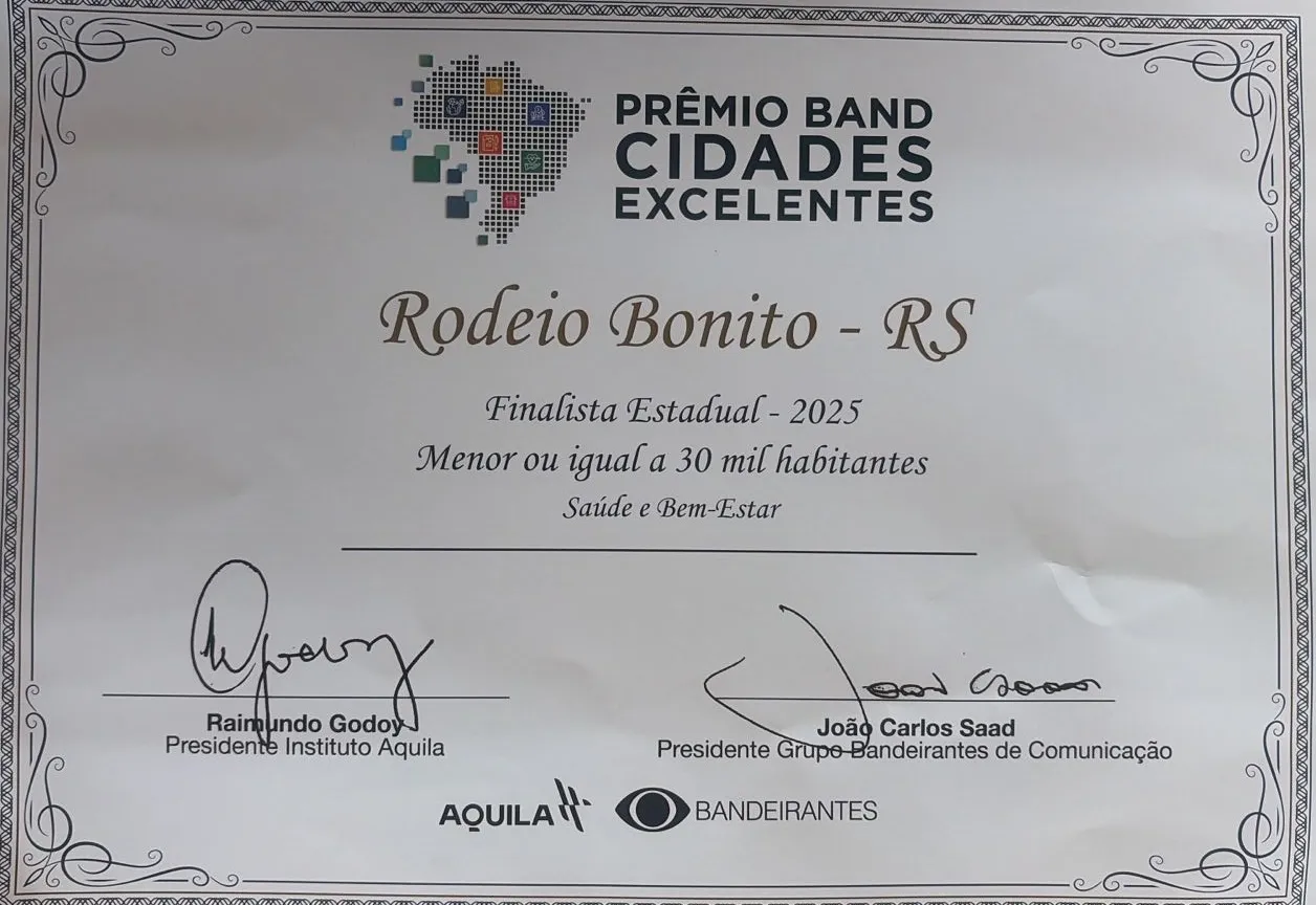 Rodeio Bonito figura no top 3 do Prêmio Band Cidades Excelentes em saúde e bem estar 2025 